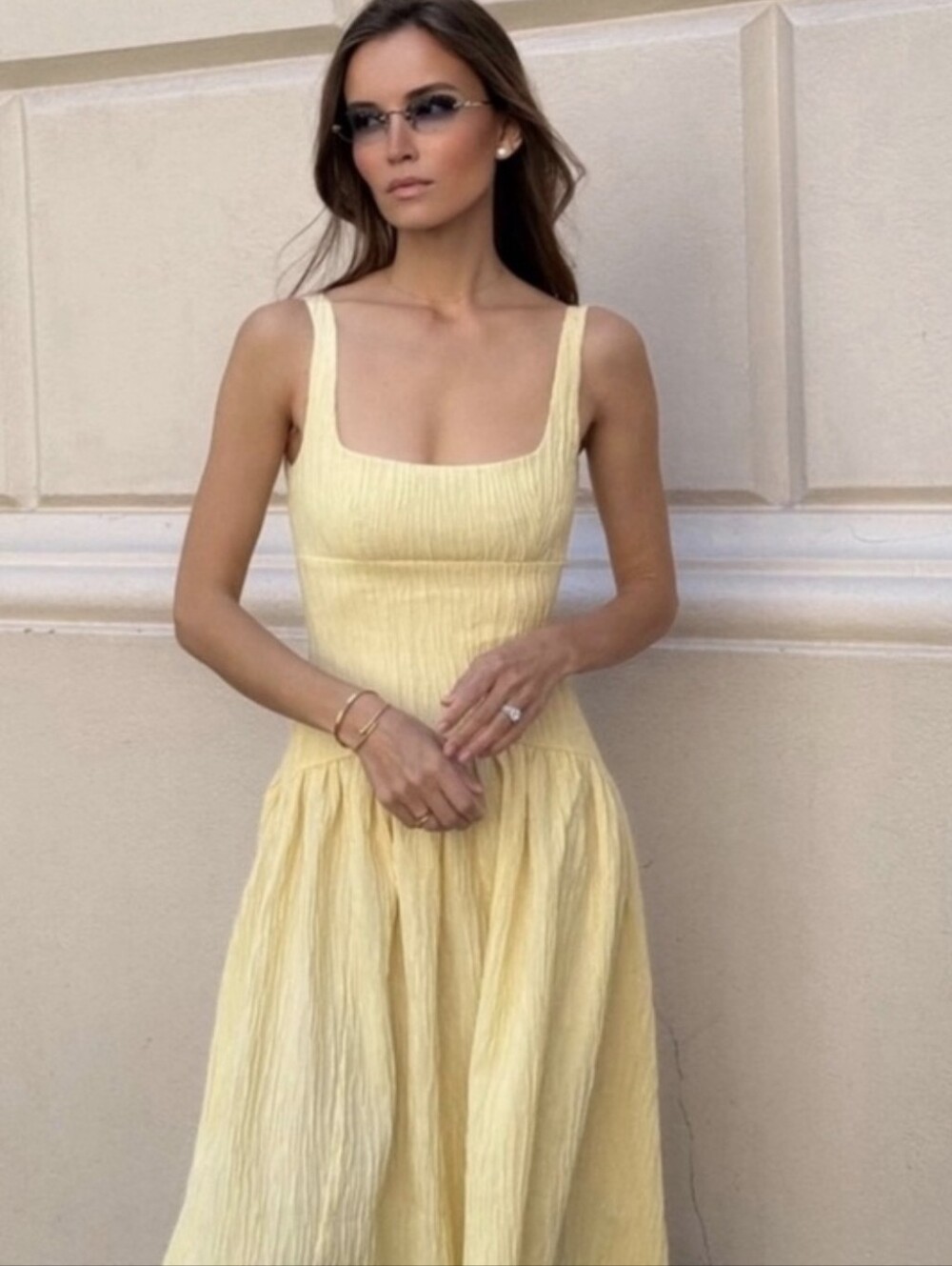 Zara Soft Yellow Square-Neck Midi Dress